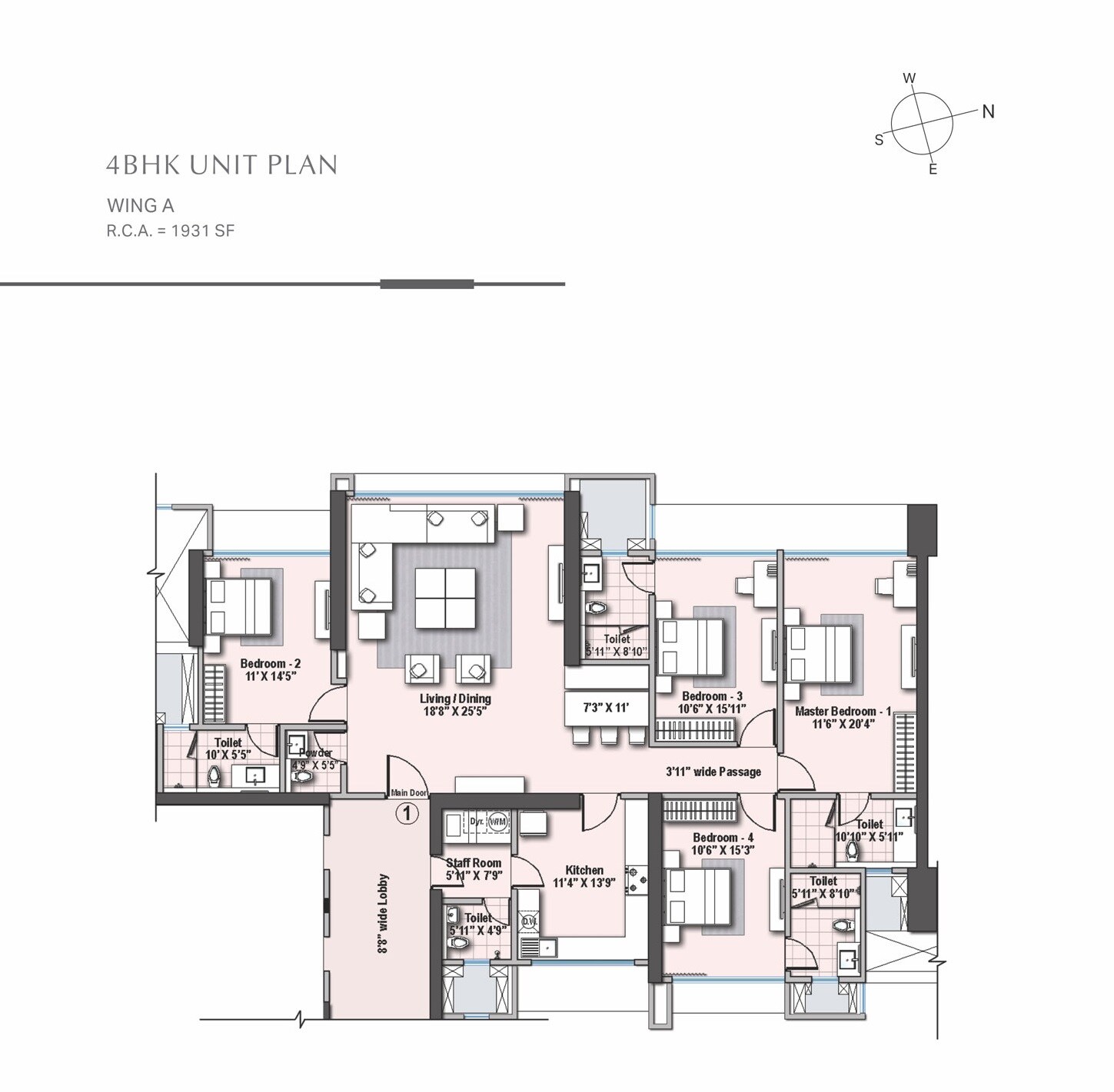 Floor plan of 4 BHK 1931 Sq. Ft. Apartment in Raheja Imperia, Mumbai
