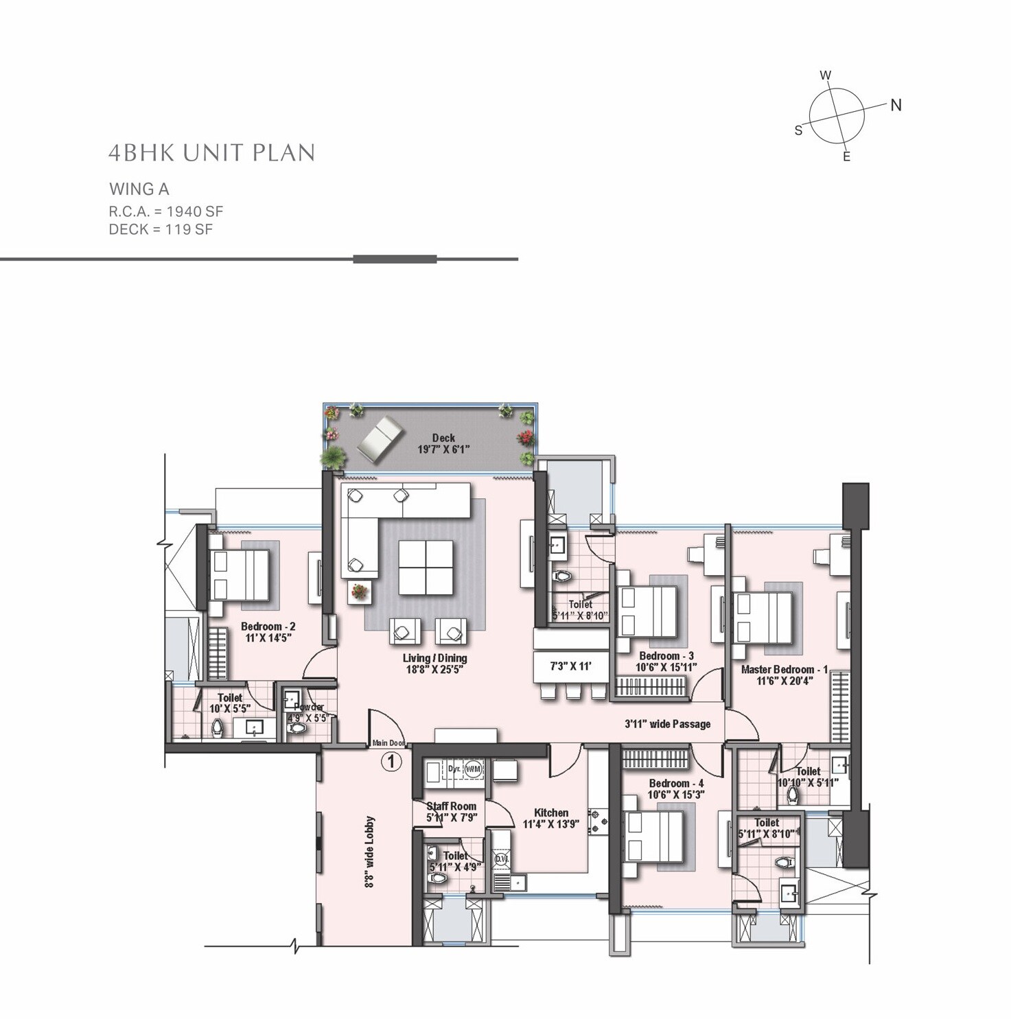 Floor plan of 4 BHK 1940 Sq. Ft. Apartment in Raheja Imperia, Mumbai