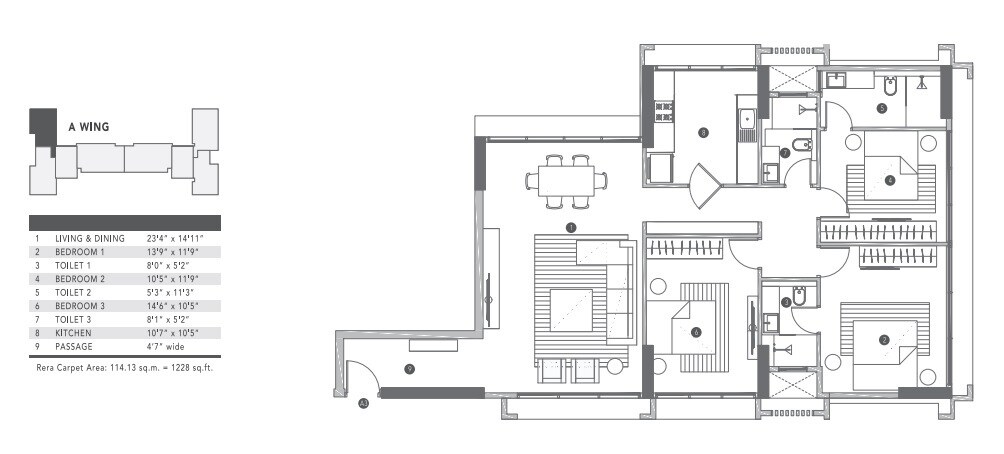 Floor plan of 3 BHK 1228 Sq. Ft. Apartment in Raheja Park West, Mumbai