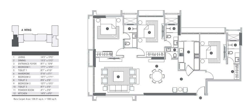 Floor plan of 3 BHK 1383 Sq. Ft. Apartment in Raheja Park West, Mumbai