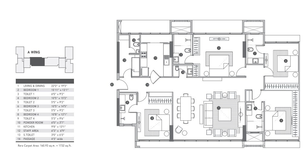 Floor plan of 4 BHK 1732 Sq. Ft. Apartment in Raheja Park West, Mumbai