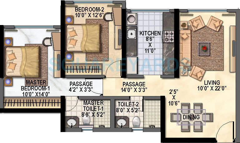 Floor plan of 2 BHK Apartment - 1103 sq. ft. in Raheja Reflections Eternity, Mumbai