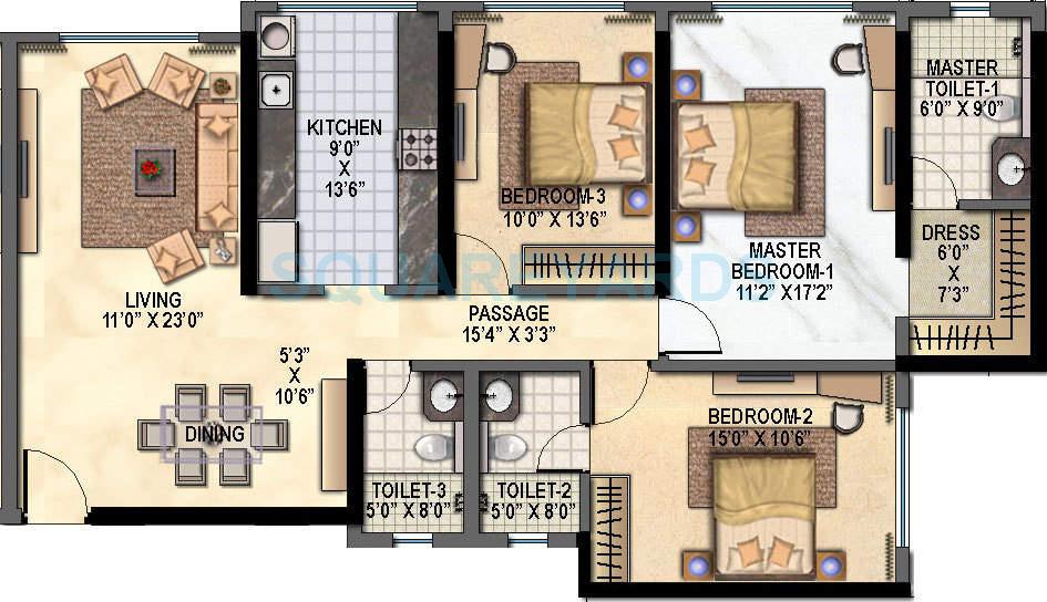 Floor plan of 3 BHK Apartment - 1475 sq. ft. in Raheja Reflections Eternity, Mumbai