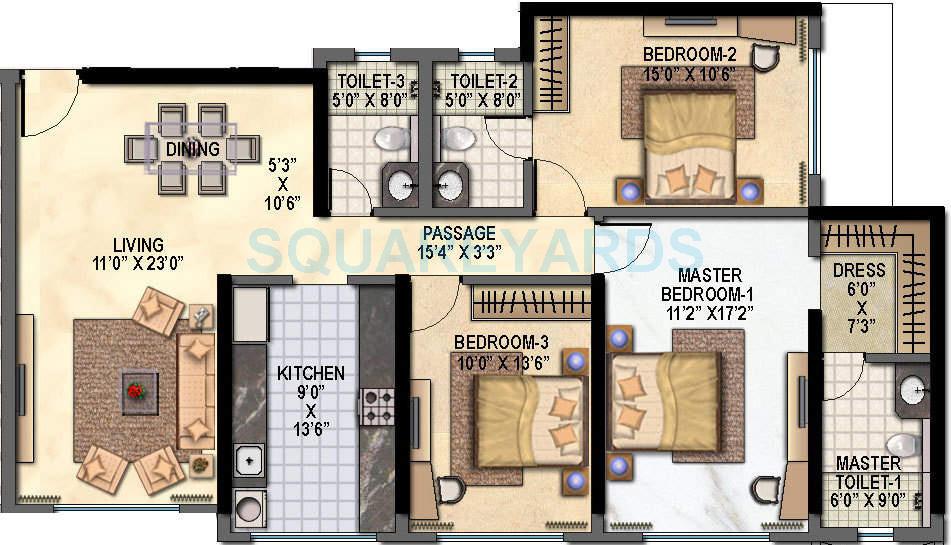 Floor plan of 3 BHK Apartment - 1786 sq. ft. in Raheja Reflections Eternity, Mumbai