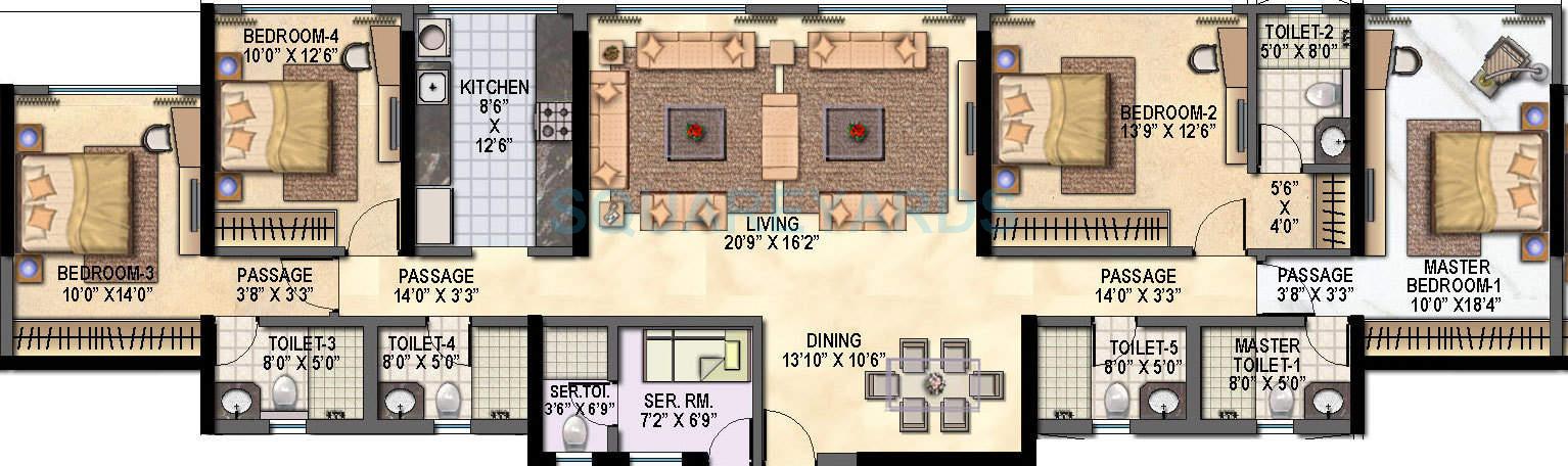 Floor plan of 4 BHK Apartment - 1705 sq. ft. in Raheja Reflections Eternity, Mumbai