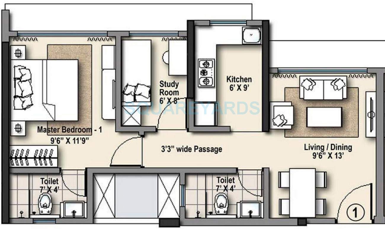 Floor plan of 1 BHK 445 Sq. Ft. Apartment in Raheja Ridgewood, Mumbai