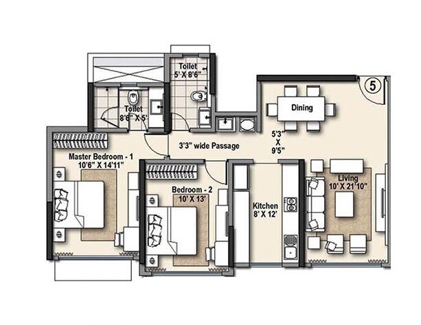 Floor plan of 2 BHK 800 Sq. Ft. Apartment in Raheja Ridgewood, Mumbai