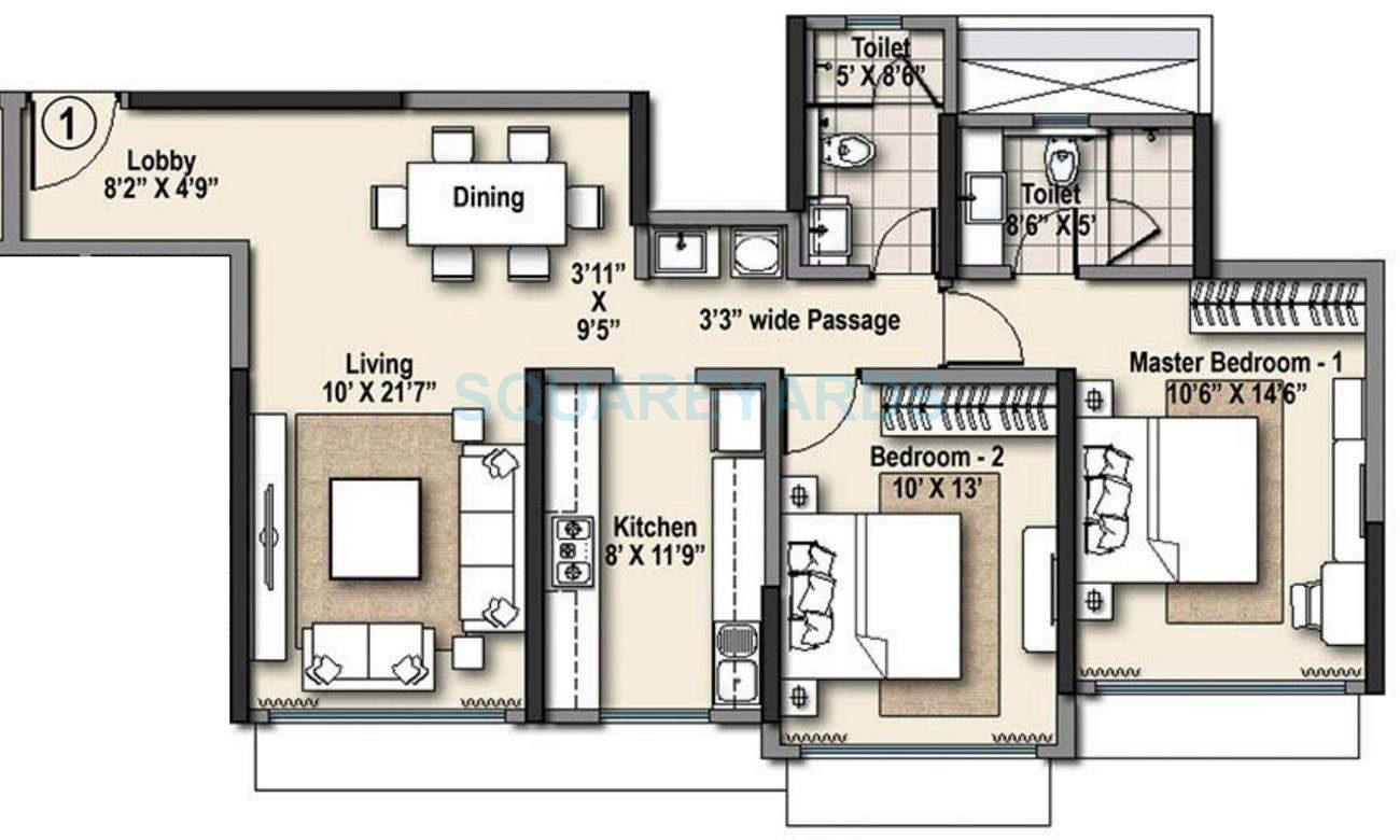 Floor plan of 2 BHK 822 Sq. Ft. Apartment in Raheja Ridgewood, Mumbai