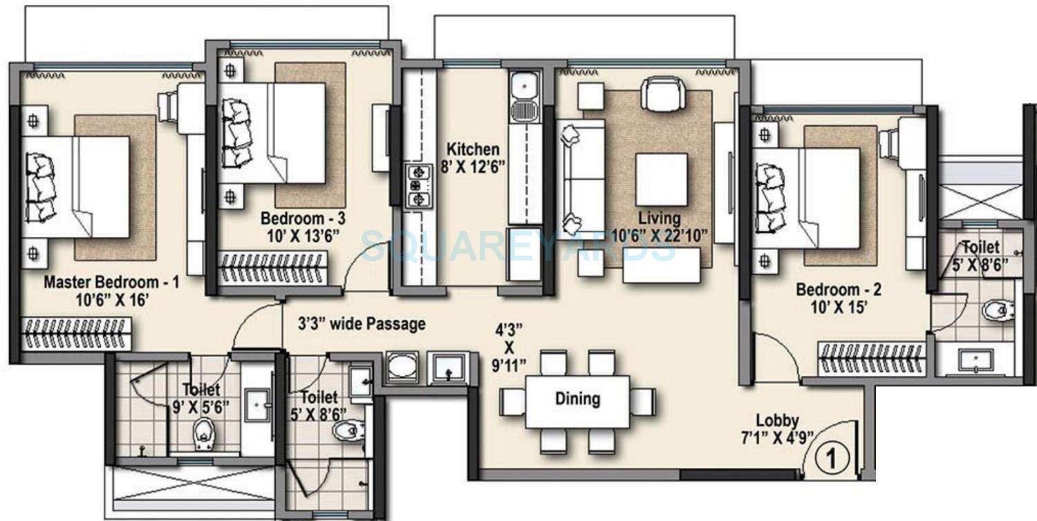 Floor plan of 3 BHK 1073 Sq. Ft. Apartment in Raheja Ridgewood, Mumbai