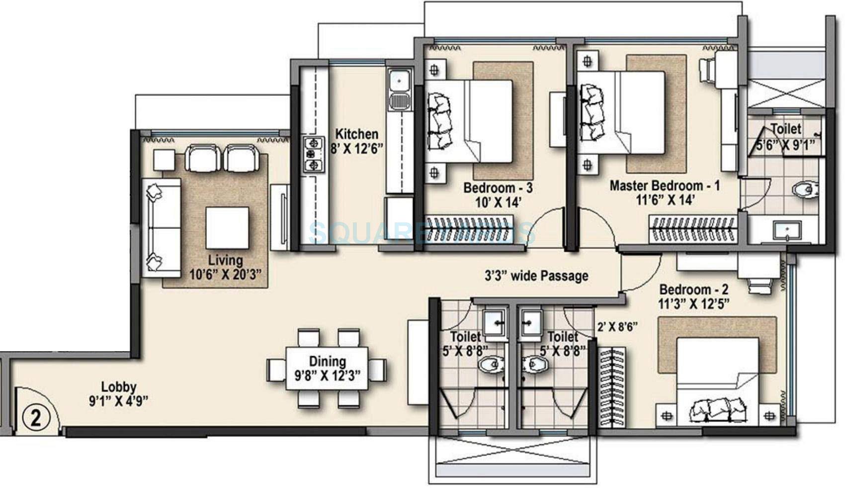 Floor plan of 3 BHK 1077 Sq. Ft. Apartment in Raheja Ridgewood, Mumbai