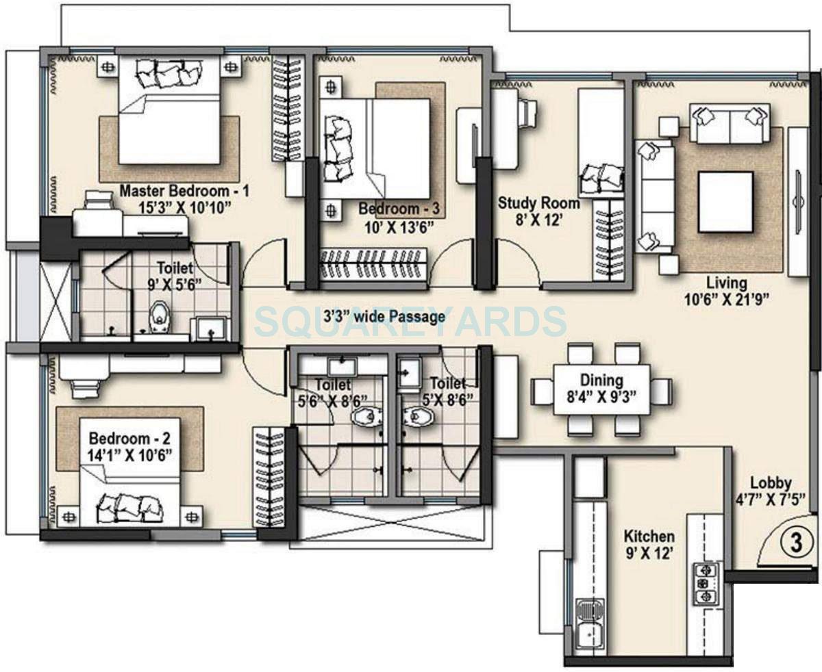 Floor plan of 3 BHK 1124 Sq. Ft. Apartment in Raheja Ridgewood, Mumbai