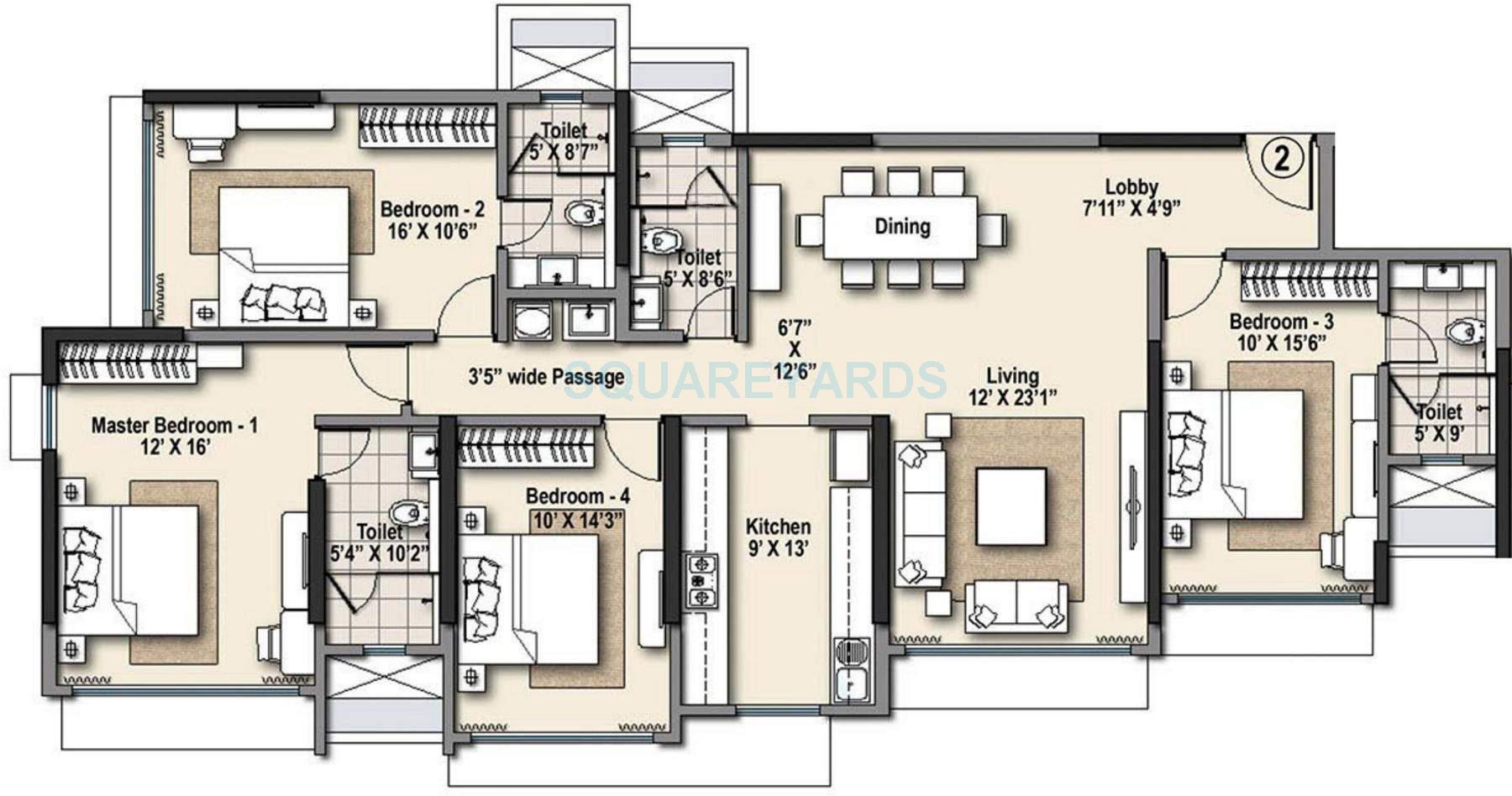 Floor plan of 4 BHK 1440 Sq. Ft. Apartment in Raheja Ridgewood, Mumbai