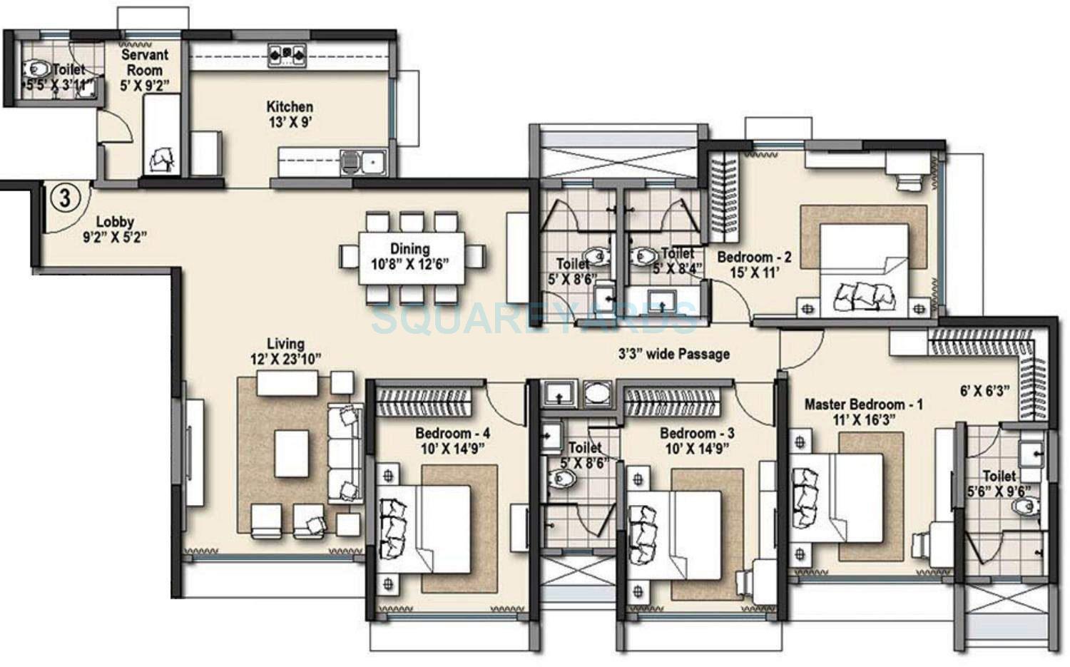 Floor plan of 4 BHK 1590 Sq. Ft. Apartment in Raheja Ridgewood, Mumbai
