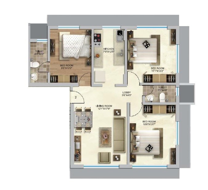 Floor plan of 3 BHK 787 Sq. Ft. Apartment in Raheja Shakti Unicus, Mumbai