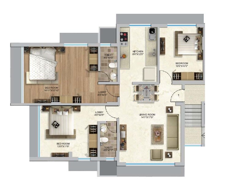 Floor plan of 3 BHK 959 Sq. Ft. Apartment in Raheja Shakti Unicus, Mumbai