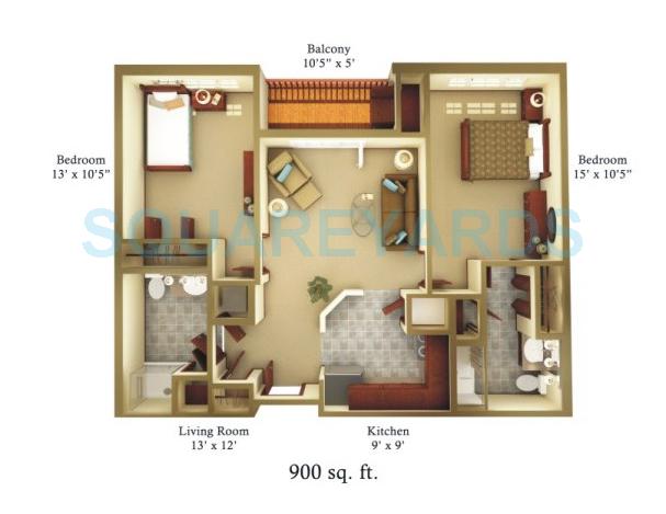 Floor plan of 2 BHK 900 Sq. Ft. Apartment in Raheja Tipco Heights, Mumbai