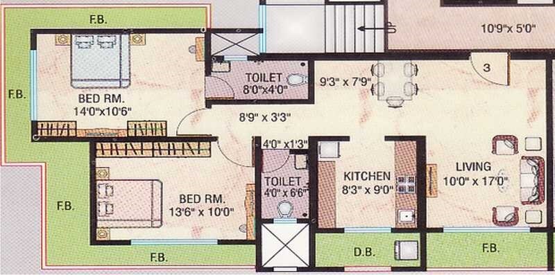 Floor plan of 2 BHK 1300 Sq. Ft. Apartment in Raj  Shree Krishna Apartments, Mumbai