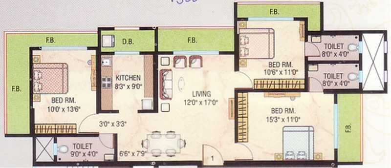 Floor plan of 3 BHK 1650 Sq. Ft. Apartment in Raj  Shree Krishna Apartments, Mumbai