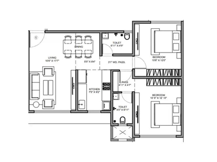 Floor plan of 2 BHK 699 Sq. Ft. Apartment in Raj Imperia, Mumbai