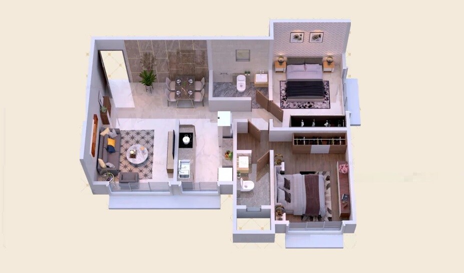 Floor plan of 2 BHK 692 Sq. Ft. Apartment in Raj One, Mumbai