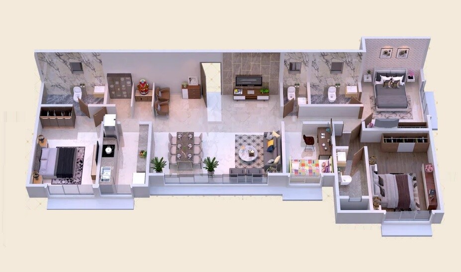 Floor plan of 3 BHK 1235 Sq. Ft. Apartment in Raj One, Mumbai