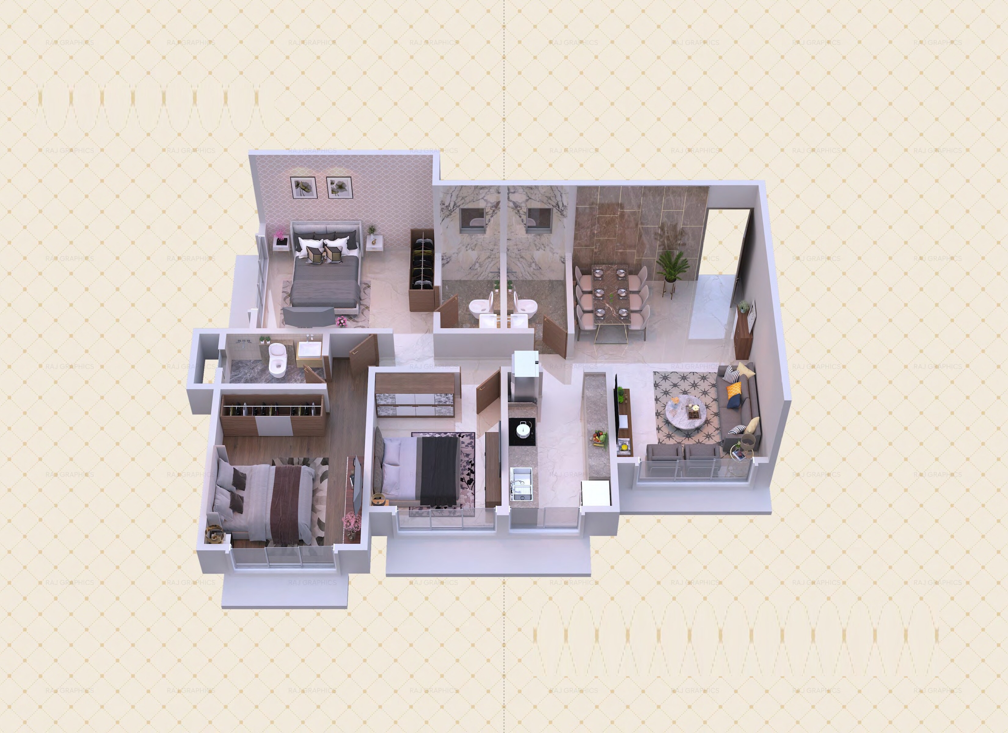 Floor plan of 3 BHK 749 Sq. Ft. Apartment in Raj One, Mumbai