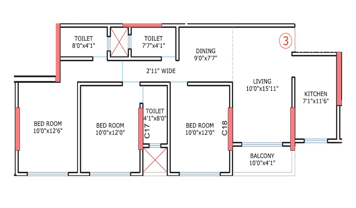 Floor plan of 3 BHK 848 Sq. Ft. Apartment in Raj Ratna CHS, Mumbai