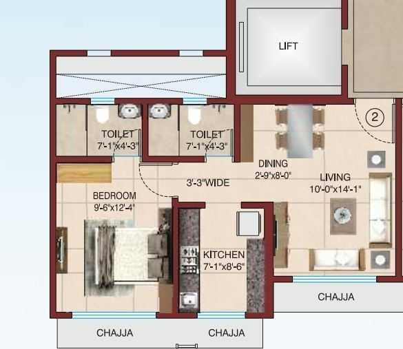 Floor plan of 1 BHK 396 Sq. Ft. Apartment in Raj Rudraksha, Mumbai