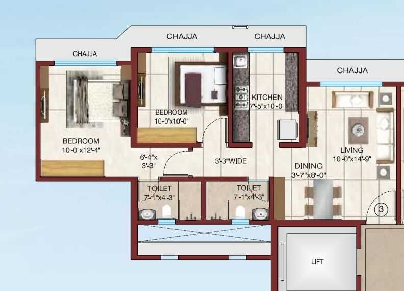 Floor plan of 2 BHK 622 Sq. Ft. Apartment in Raj Rudraksha, Mumbai