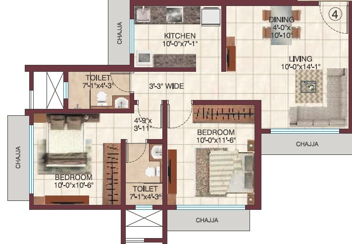 Floor plan of 2 BHK 631 Sq. Ft. Apartment in Raj Rudraksha, Mumbai