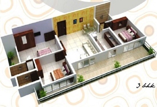 Floor plan of 3 BHK 885 Sq. Ft. Apartment in Raj Spaces Apartment, Mumbai