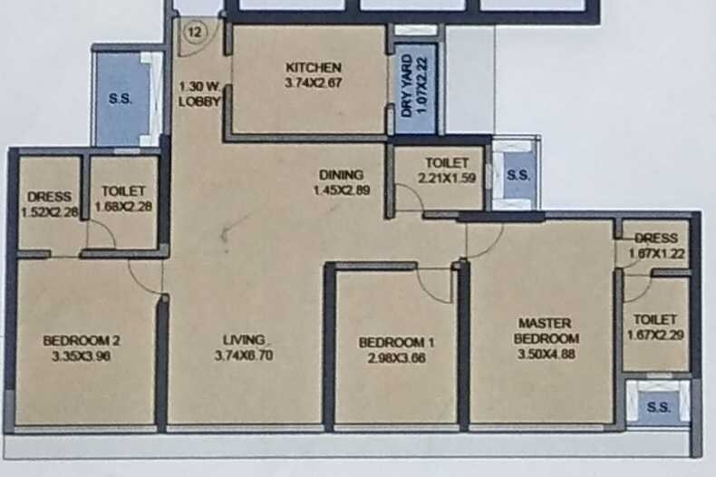 Floor plan of 3 BHK 1202 Sq. Ft. Apartment in Raj White City, Mumbai