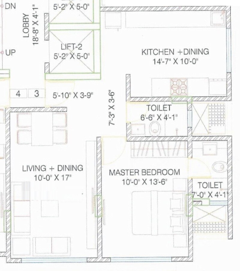 Floor plan of 1 BHK 452 Sq. Ft. Apartment in Raja Pruthi Annexe, Mumbai