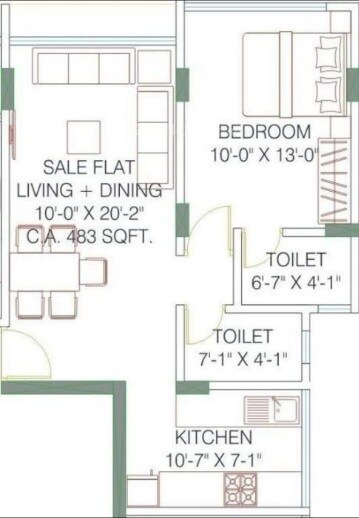 Floor plan of 1 BHK 483 Sq. Ft. Apartment in Raja Pruthi Annexe, Mumbai