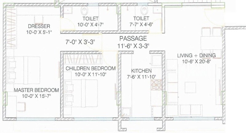 Floor plan of 2 BHK 741 Sq. Ft. Apartment in Raja Pruthi Annexe, Mumbai