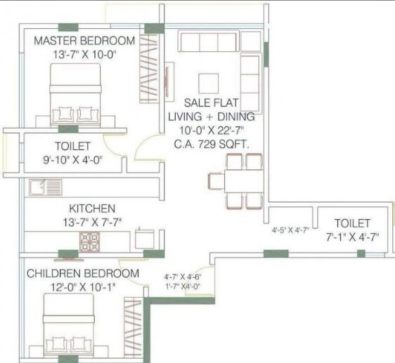 Floor plan of 2 BHK 729 Sq. Ft. Apartment in Raja Pruthi Annexe, Mumbai