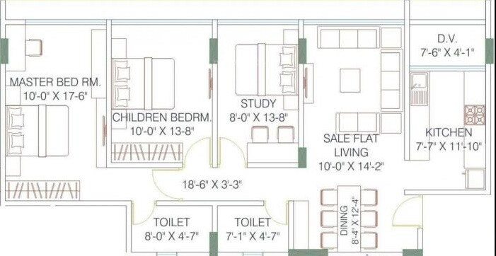 Floor plan of 3 BHK 900 Sq. Ft. Apartment in Raja Pruthi Annexe, Mumbai