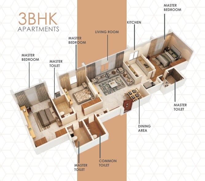 Floor plan of 3 BHK 1175 Sq. Ft. Apartment in Rajashri Eleven East, Mumbai