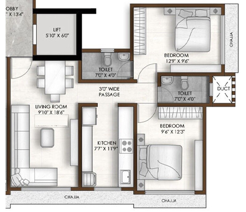 Floor plan of 2 BHK 530 Sq. Ft. Apartment in Rajesh Mandir CHS, Mumbai