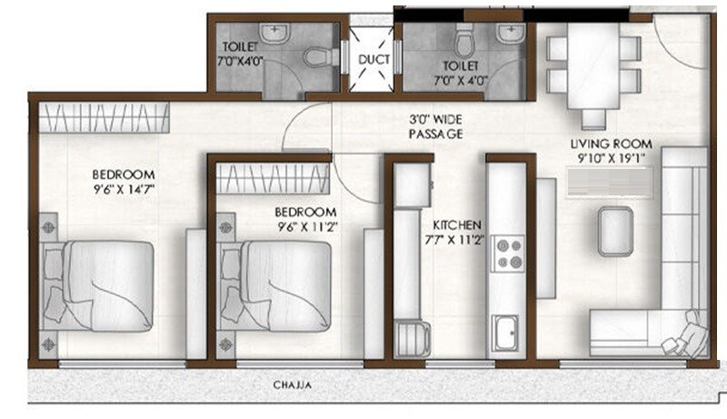 Floor plan of 2 BHK 666 Sq. Ft. Apartment in Rajesh Mandir CHS, Mumbai