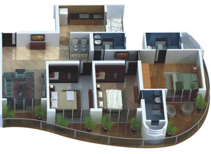 Floor plan of 3 BHK 987 Sq. Ft. Apartment in Rajesh Raj Altezza, Mumbai