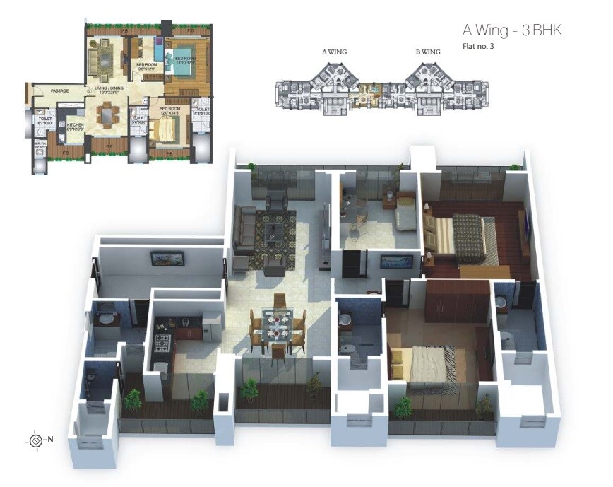 Floor plan of 3 BHK 1288 Sq. Ft. Apartment in Rajesh Raj Grandeur, Mumbai