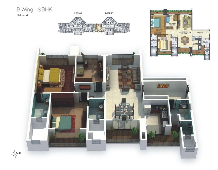 Floor plan of 3 BHK 1500 Sq. Ft. Apartment in Rajesh Raj Grandeur, Mumbai