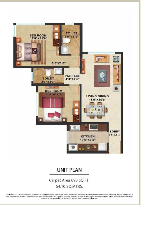 Floor plan of 2 BHK 690 Sq. Ft. Apartment in Rajesh Raj Spectrum, Mumbai