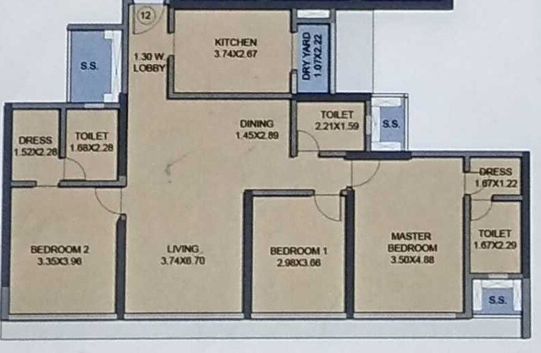 Floor plan of 3 BHK 1202 Sq. Ft. Apartment in Rajesh White City, Mumbai
