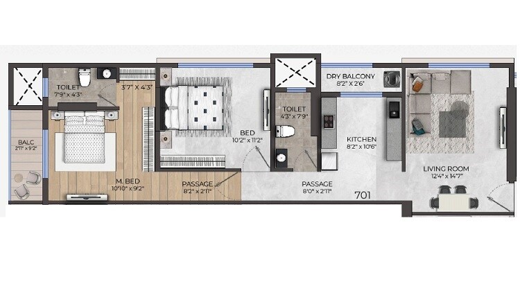 Floor plan of 2 BHK 635 Sq. Ft. Apartment in Rajeshree Ambal Parijath CHS, Mumbai