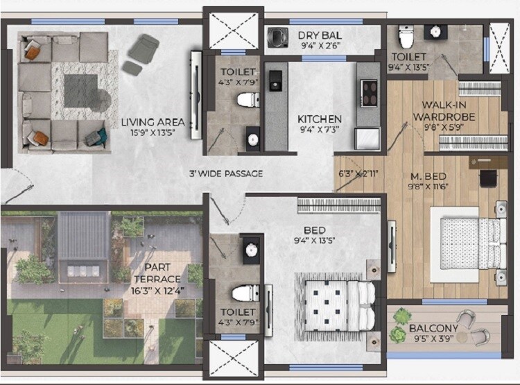 Floor plan of 2 BHK 846 Sq. Ft. Apartment in Rajeshree Ambal Parijath CHS, Mumbai