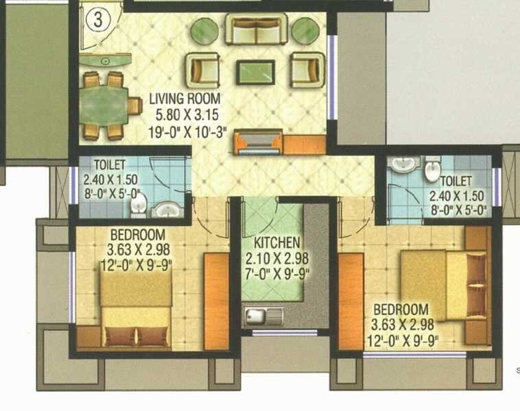 Floor plan of 2 BHK Apartment - 1355 sq. ft. in Rajeshwar Lotus, Mumbai