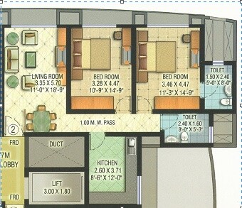 Floor plan of 2 BHK Apartment - 1495 sq. ft. in Rajeshwar Lotus, Mumbai
