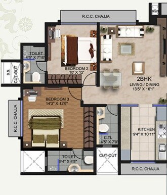 Floor plan of 2 BHK 750 Sq. Ft. Apartment in Rajhans Otium, Mumbai